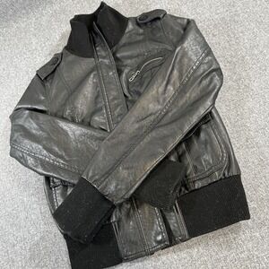 River Island Black Faux Leather Bomber Jacket Womens Medium Moto Zip